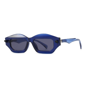 Modern polygon sunglasses with transparent blue frames and dark grey lenses for men