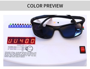 Detail shot of men's square polarized sunglasses showing UV400 protection test