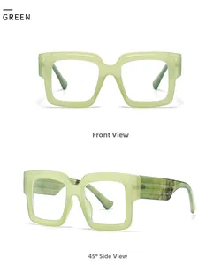 Front and 45-degree side views of square thick-frame green glasses with marble textures