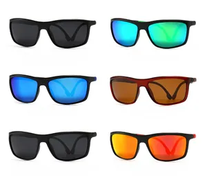 Detailed grid of six polarised TR square sunglasses in diverse multi-colored lens finishes