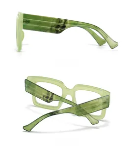 Detailed side and back view showing ink-textured temples of green square glasses