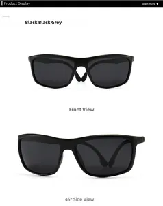 Detail of square black polarising sunglasses for men showing front and 45 degree views