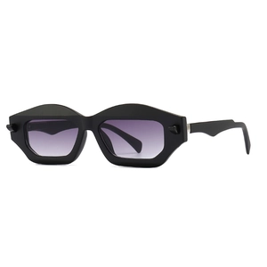 Retro polygon sunglasses with black wide frames and purple gradient lenses for men and women