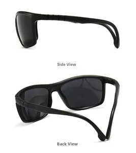 Detailed side and back view of matte black square polarized sunglasses with non-slip temples