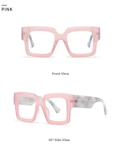 Pink chunky frame blue light glasses with stylish marble texture temples shown in two views