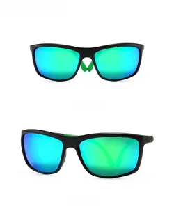 Front and 45-degree side view of square polarized sunglasses with black frame and green lenses