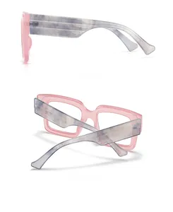 Side and back views showing pink resin frames and grey marble textured wide temples