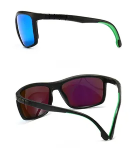 Detailed side and back view of polarized sports sunglasses with green anti-slip grip