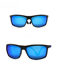 Front and 45-degree side view of men's square polarized sunglasses with blue mirrored lenses
