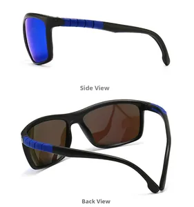 Side and back views of sporty black polarized sunglasses with blue rubberized temple tips