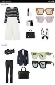 Fashion style guide showing blue light glasses with casual and formal outfit pairings