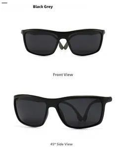 Front and 45-degree side views of black grey polarized square sunglasses for men