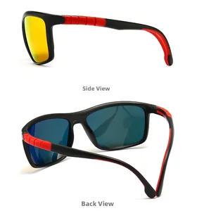 Detail view of square polarized sunglasses with matte black frames and red rubber tips