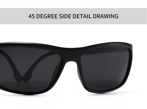 Close-up of matte black frame sunglasses from a 45-degree angle showing side detail