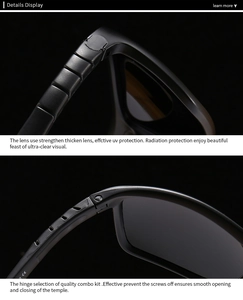 Detail of polarized sunglasses showing UV protection lenses and durable screw hinges