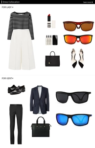 Fashion lifestyle flatlay showing classic polarized sunglasses with men and women outfits
