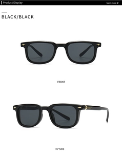 Front and 45-degree side view of vintage black square sunglasses with gold metal arrow rivets