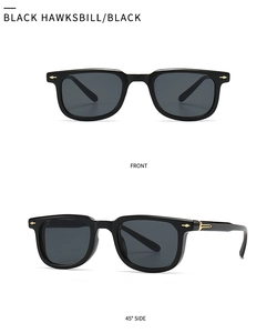 Front and 45-degree side views of black square sunglasses with gold arrow studs