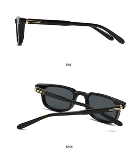 Close-up of black square sunglasses with side and back views and gold metal accents