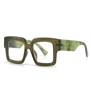 Olive green transparent square frame glasses with marble texture temples shown on white