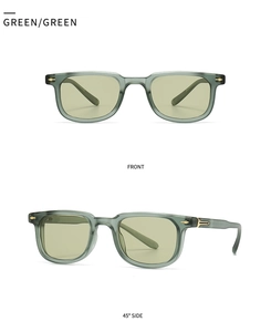 Front and 45-degree side views of retro square sunglasses in matte green with metal pins