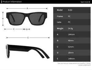 Detailed size chart for square sunglasses 9182 with frame and lens measurements