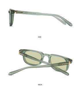 Side and back view of retro square translucent green sunglasses with gold hinge detail