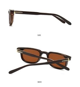 Side and back view of brown rectangular sunglasses with gold metallic stripe accents