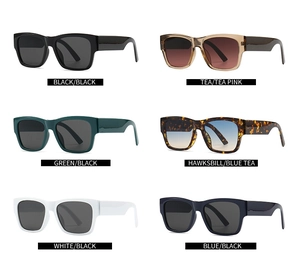 Detailed grid display of square thick-frame sunglasses in six stylish color combinations