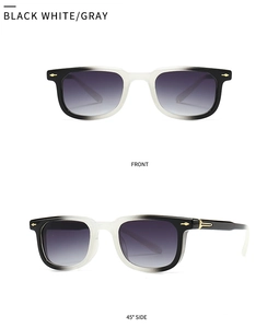 Front and 45-degree angle views of square black and white gradient frame sunglasses