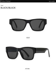 Front and 45-degree side views of modern black square sunglasses with wide temples