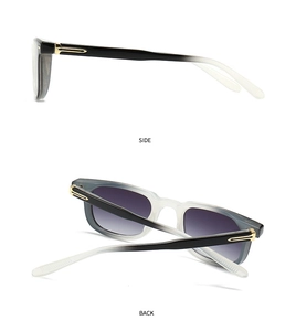 Detailed side and back view of square sunglasses with gradient frames and metal accents