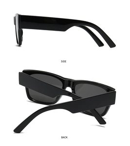 Detailed side and back view of modern black square sunglasses with glossy finish