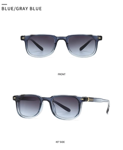 Front and side view of square gray blue sunglasses with metal arrow accents and gradient lenses