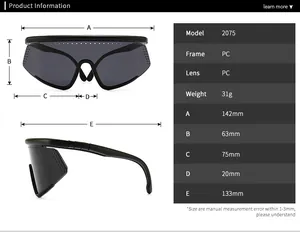 Detailed size guide and technical specifications for large frame cycling sunglasses