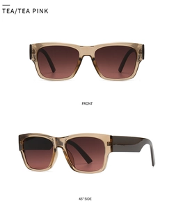 Front and side view of square oversized sunglasses with tea pink frames and brown lenses
