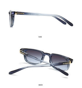 Detail view of square sunglasses with blue-gray frames and gold metal hinges