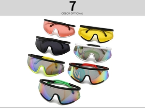 Detailed view of seven colorful cycling sunglasses with polarized lenses and large frames