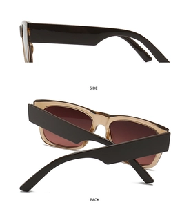 Side and back view of modern square sunglasses with wide brown temples and amber frames