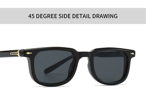 Close-up of square black sunglasses with golden arrow hardware at a 45-degree angle