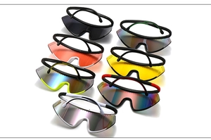 Detailed overhead view of professional cycling sunglasses in seven vibrant color variants