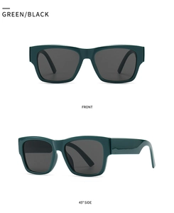 Front and 45-degree side views of dark green square sunglasses with grey lenses