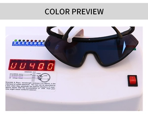 Macro view of UV400 test showing 100% ultraviolet protection on sports sunglasses