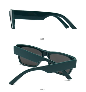 Detail view showing side and back of dark green rectangular sunglasses with wide temples