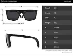 Tableau des tailles et spécifications détaillées pour lunettes de soleil carrées modèle 2074