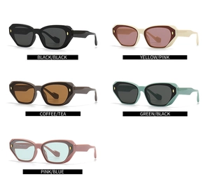 Detailed grid of five retro polygonal sunglasses in black, beige, mint, and pink frames
