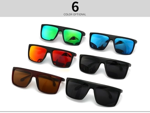 Vue à plat de lunettes de soleil carrées polarisées montrant six options de couleurs