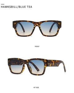 Detail view of tortoiseshell square sunglasses with gradient blue tea lenses from two angles
