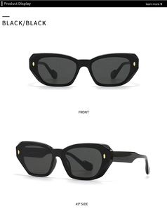 Detail of black geometric sunglasses showing golden rivets and vertical side accents