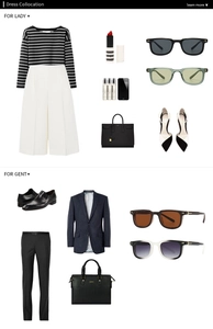 Flat lay of men and women outfits with stylish square sunglasses and business accessories